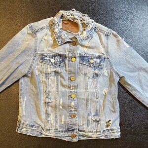 Boom Boom Jeans Jacket Womens Medium Blue Distressed Palm Floral Embroidered